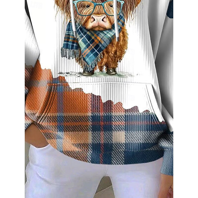 Women's Pullover Hoodie Sweatshirt Graphic Plaid Cow Punk Active Vintage Long Sleeve Hooded Regular Tops Street Dailywear Casual Print Front Pocket Orange Spring Fall Winter3