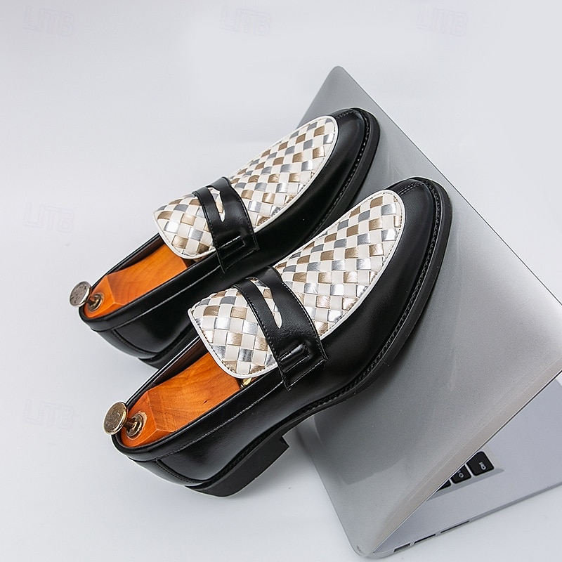 Men's Black and White Woven Faux Leather Loafers with Metal Accent, Elegant Slip-On Dress Shoes for Business, Parties and Formal Events4