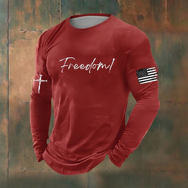 Men's American US Flag Freedom T Shirt Long Sleeve T shirt 3D Print Crew Neck Shirt Daily Casual Funny Political T Shirt Party Birthday Street Black Red Blue Fall Winter Clothing Apparel S M L XL XXL