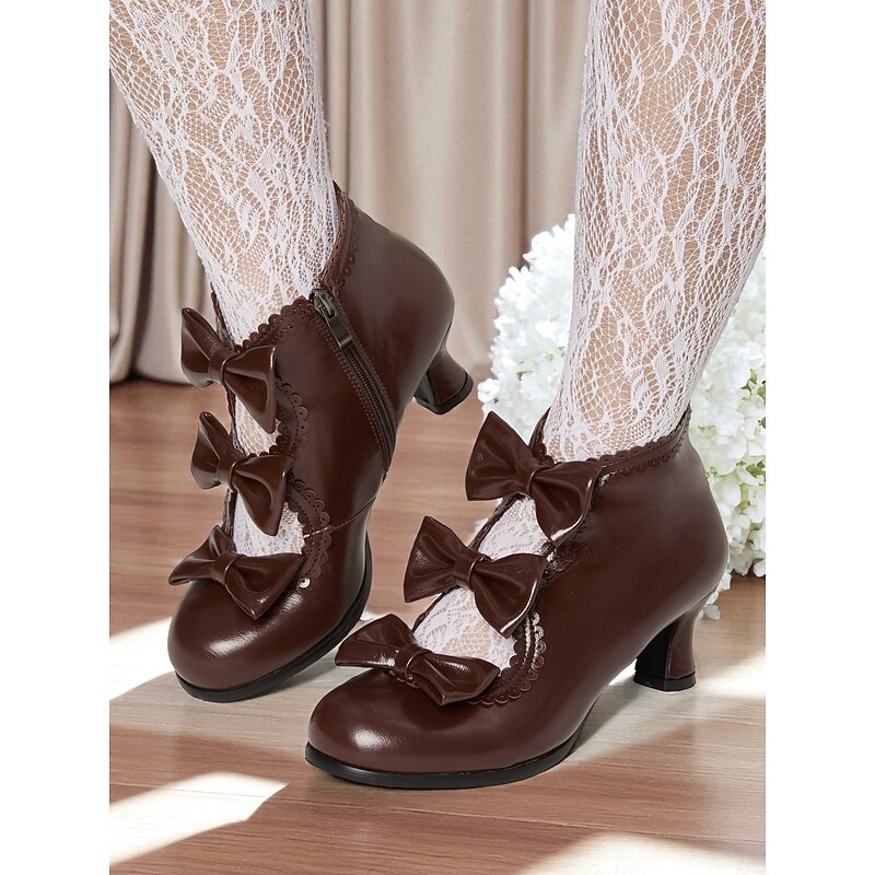 Women's Brown Ankle Boots with Three Bow Details, 1950s Vintage Lolita Style, Victorian  Elegance, Perfect for Tea Parties, Cosplay, and Special Occasions