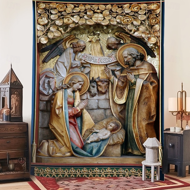 Christmas Hanging Tapestry Nativity Scene with Angel Messenger Sculpture Style Jesus Birth Large Wall Art Mural Decor Blanket Curtain Holiday Home Bedroom Living Room Religious Celebration Decoration