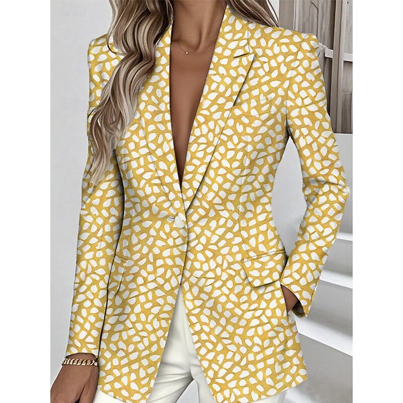 Women's Blazer Warm Pocket Buttons Fashion Daily Casual Geometric Formal Casual Regular Notch Lapel Regular Fit Long Sleeve Outerwear Yellow Pink Blue Spring Fall2