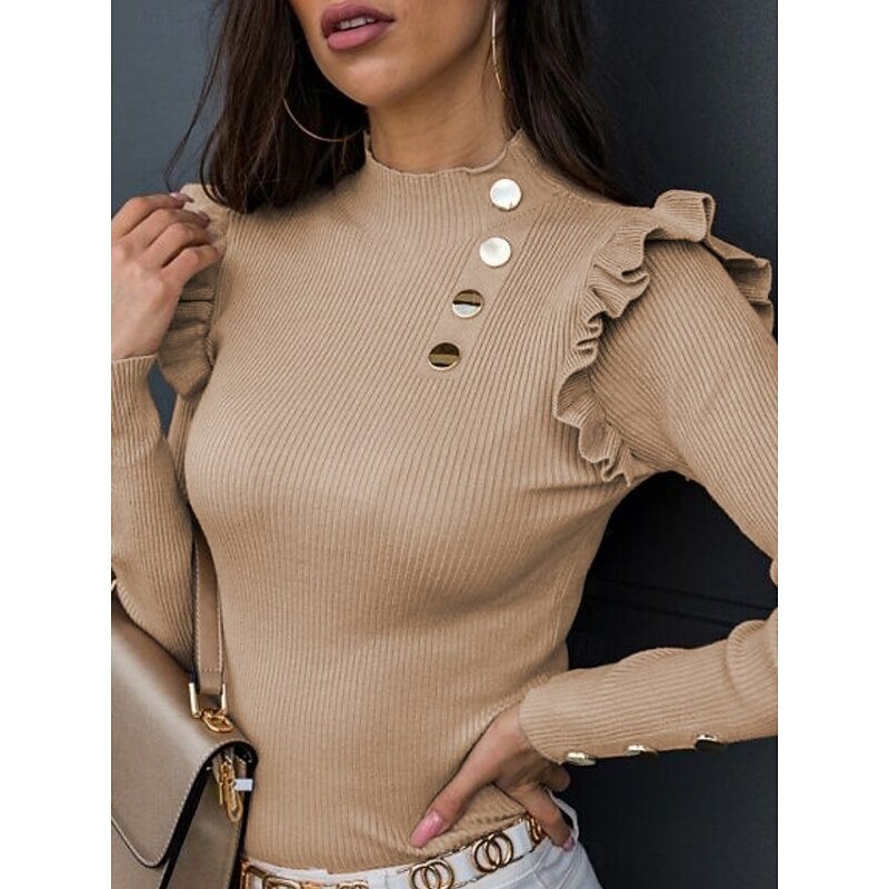 Women's Blouse Solid Color Stylish Casual Long Sleeve Turtleneck Regular Tops Daily Ruffle Buttons Black White Pink Khaki Gray Spring Fall Winter2