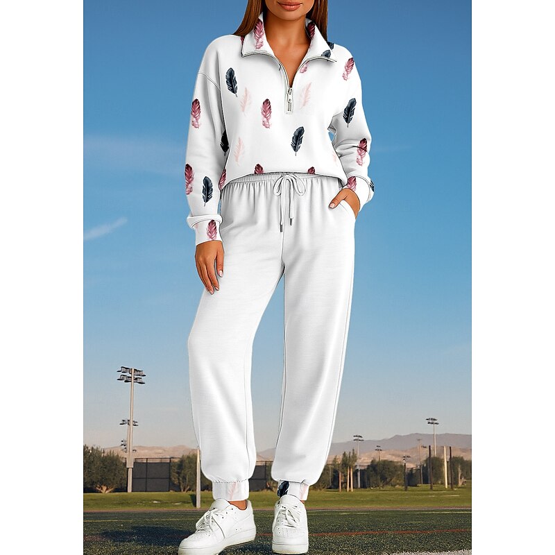 Women's Sweatshirt Tracksuit 2 Piece Tracksuit Drawstring Zip Up Floral Clothing Suit Fall White Vocation Outdoor Travel Lightweight Fashion Long Sleeve Sport Activewear Stretchy Regular Fit