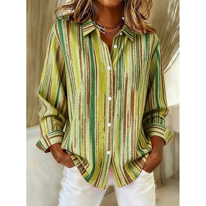 Women's Shirt Blouse Graphic Geometric Striped Casual Long Sleeve Shirt Collar Regular Tops Daily Patchwork Buttons Print Blue Orange Green Spring Fall Winter2