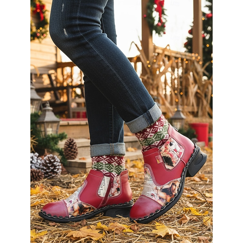 Women's Genuine Leather Red Handmade Ankle Boots with Artistic Print Patchwork, Comfortable Vintage Style Casual Chelsea Boots for Christmas, Winter Outfits & Holiday Gatherings3