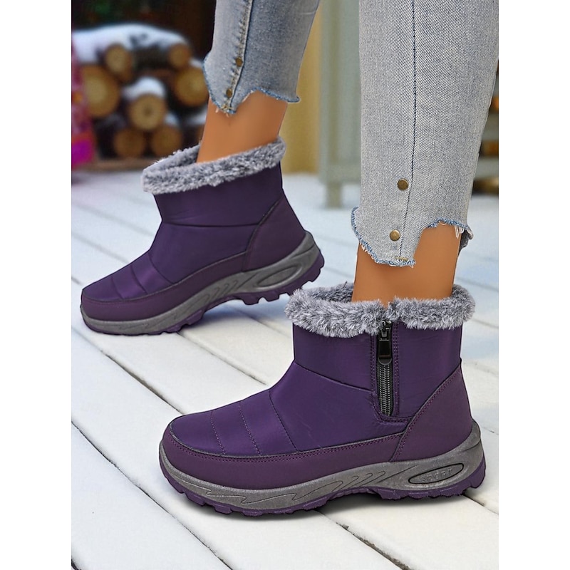 Women's Burgundy Waterproof Snow Boots with Faux Fur Lining and Side Zipper, Warm Winter Ankle Boots for Outdoor Walking & Hiking