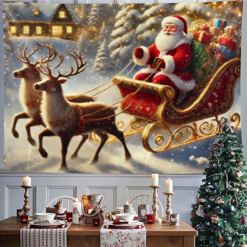 Christmas Hanging Tapestry Santa Claus with Reindeer Christmas Tree and Gift Boxes Large Wall Art Mural Decor Blanket Curtain Holiday Home Bedroom Living Room Festive Seasonal Decoration4