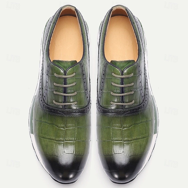 Men's Green Genuine Leather Crocodile Pattern Lace-Up Sneakers with Rubber Outsole, Fashion Casual Dress Shoes for Office, Travel, and Parties4