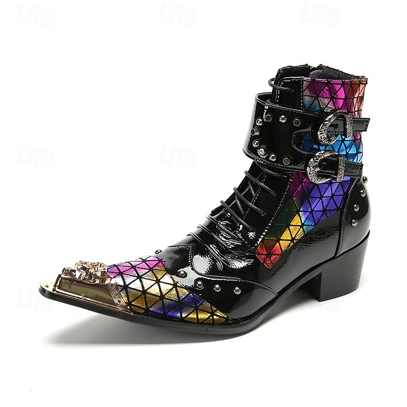 Men's Black Genuine Leather Multicolor Geometric Pattern Cowboy Boots with Studs and Buckles, 100% Cowhide Western Ankle Boots for Concerts and Rock Stage Fashion2