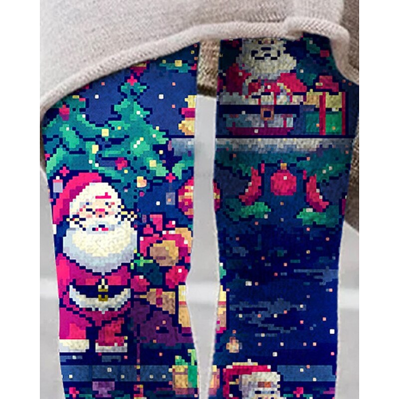 Women's Leggings Cozy Leggings Fashion Streetwear Basic Full Length High Waist Pants Christmas Graphic Santa Claus Printing Fleece Thermal Warm Comfy Stretchy Outdoor Casual Daily Deep Blue Fall2