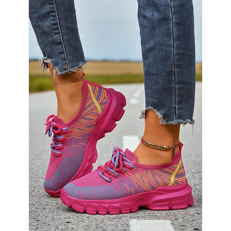 Women's Rose Pink Flyknit Running Sneakers, Lightweight Lace-Up Sports Shoes for Walking, Gym & Casual Wear