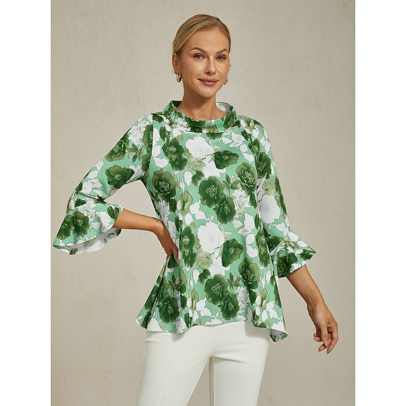 Women's Blouse Green Floral Print Off Shoulder Patchwork 3/4 Sleeve Casual Elegant Spring Summer