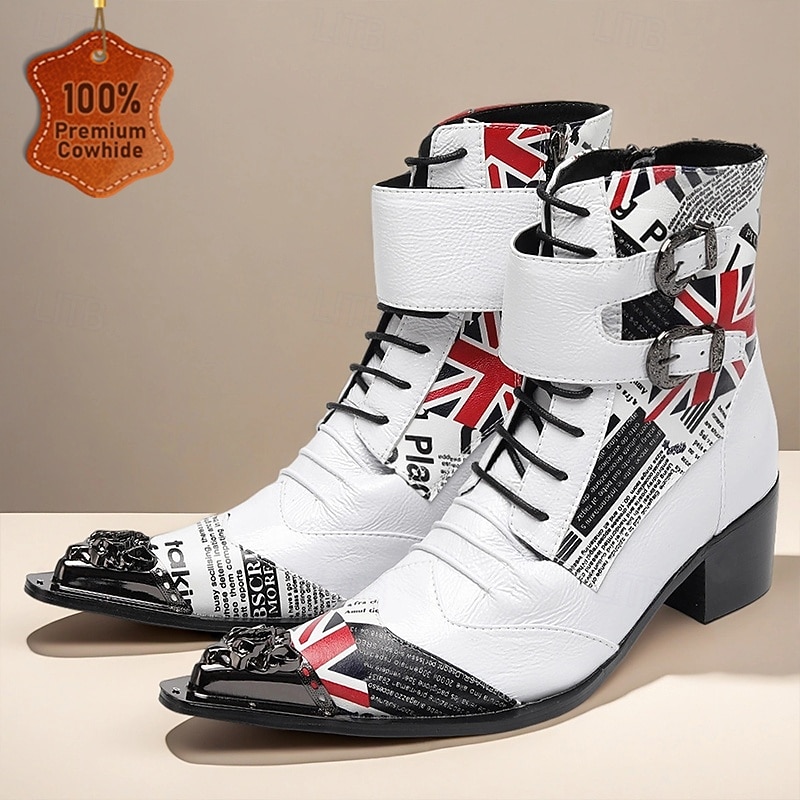 Men's White and Black Genuine Leather British Flag Punk Rock Boots, 100% Cowhide Lace-Up Ankle Boots with Buckle Straps for Stage, Cosplay and Gothic Fashion