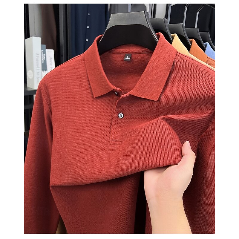 Men's Waffle Polo Shirts Polo Shirts Casual Sports Lapel Long Sleeve Fashion Basic Color Block Textured Patchwork Color Block Fall Winter Spring &  Fall Regular Fit White Burgundy Navy Blue Orange3