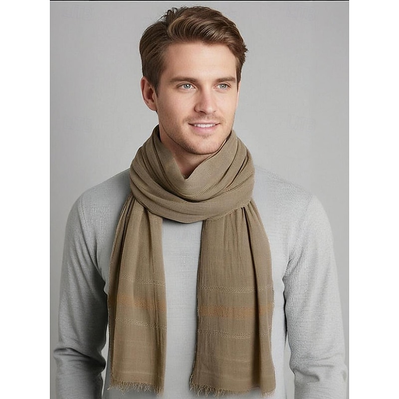 Men's Lightweight Striped Cotton Scarf – Casual Vintage Style Soft Fringed Shawl for Autumn Winter Outdoor Travel and Daily Wear4