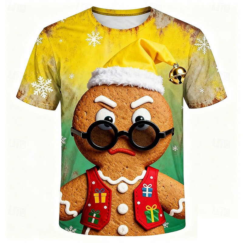 Christmas Men's Gingerbread T Shirt Short Sleeve T shirt 3D Print Crew Neck Shirt Daily Designer Artistic Vacation Party Street Yellow Blue Orange All Seasons Clothing Apparel S M L XL XXL XXXL2
