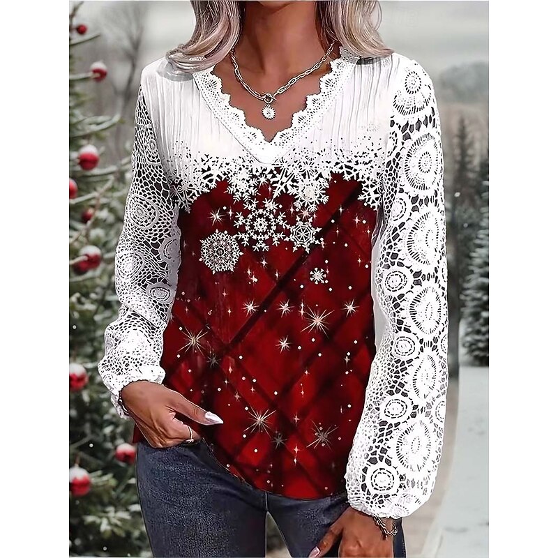 Christmas Women's Shirt Santa Claus Christmas Tree Snowflake Elegant Vintage Cute Long Sleeve V Neck Regular Tops Party Evening Wear Daily Holiday Contrast Lace Patchwork Buttons Red Purple Green
