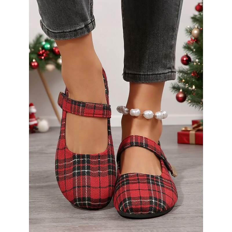 Women's Red Plaid Mary Jane Flats with Adjustable Strap, Retro Comfortable Shoes for Christmas, Casual Outfits & Daily Wear