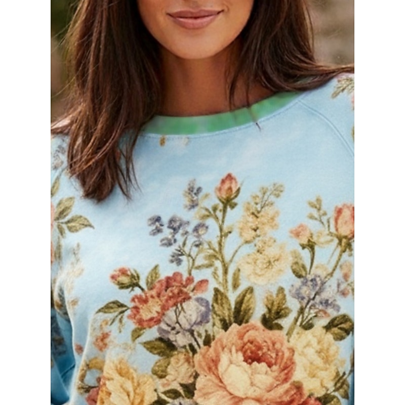 Women's Pullover Sweatshirts Floral Fashion Streetwear Casual Long Sleeve Crew Neck Round Neck Regular Tops Dailywear Casual Print Blue Spring Fall2