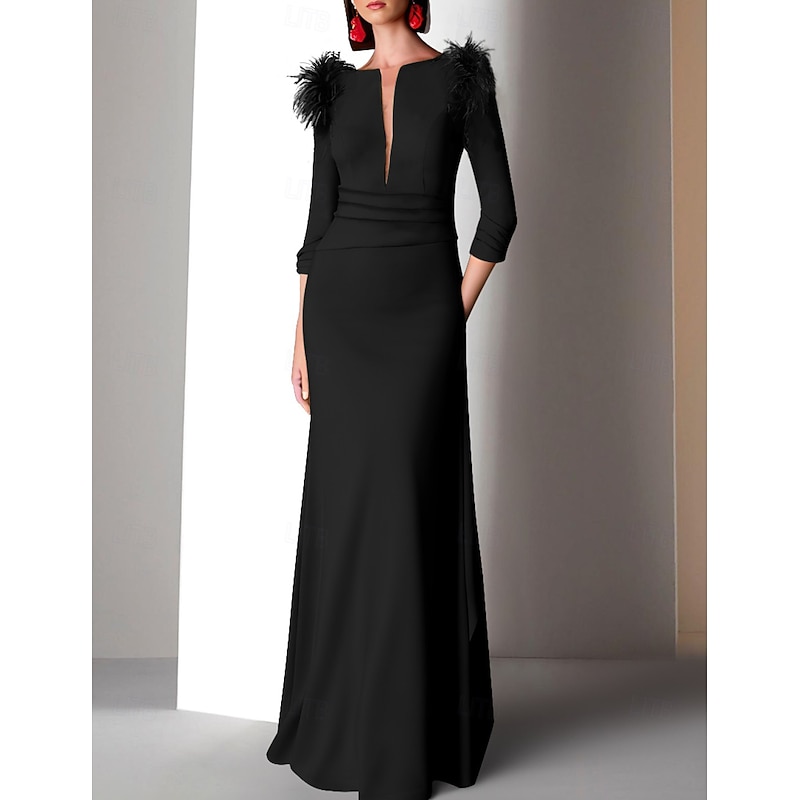 Mermaid Wedding Guest Feather Dress Beach Wedding Evening Gown Elegant Formal Fall Floor Length 3/4 Length Sleeve V Neck with Ruched Ruffles  dress to impress4