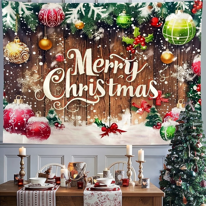 Christmas Hanging Tapestry Merry Christmas Holiday Decoration with Christmas Tree and Ornaments Large Wall Art Mural Decor Blanket Curtain Home Bedroom Living Room Festive Seasonal Winter Decor3
