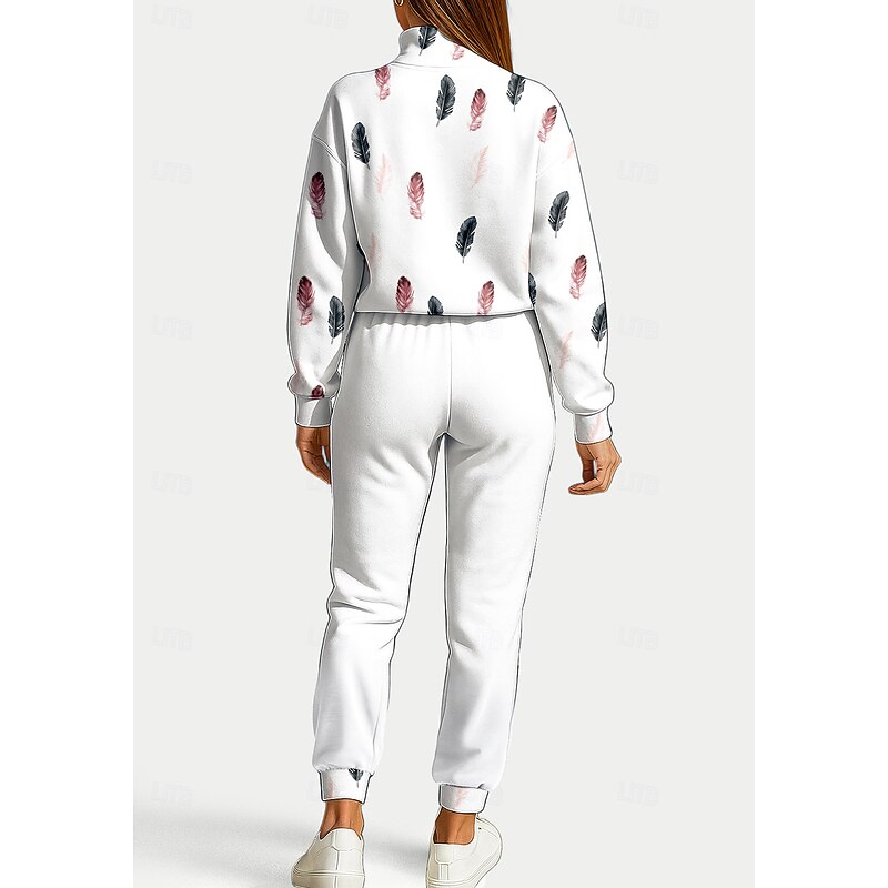 Women's Sweatshirt Tracksuit 2 Piece Tracksuit Drawstring Zip Up Floral Clothing Suit Fall White Vocation Outdoor Travel Lightweight Fashion Long Sleeve Sport Activewear Stretchy Regular Fit2