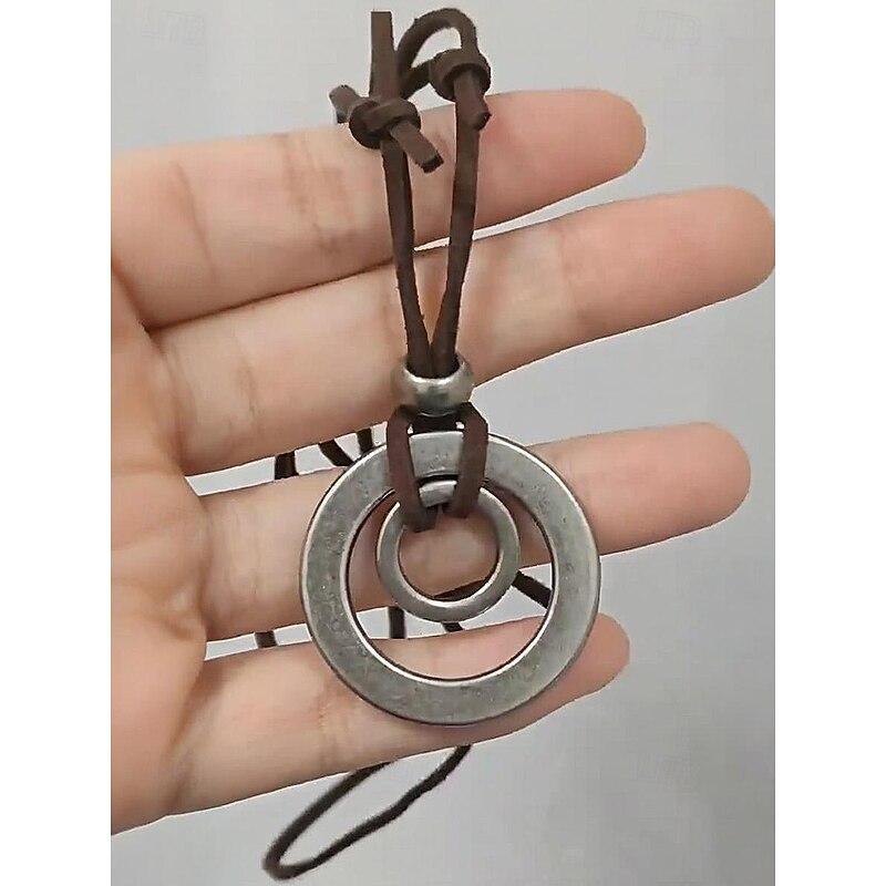 Men's Adjustable Leather Cord Necklace with Double Circle Pendant – Vintage Casual Jewelry for Everyday Wear and Outdoor Style4