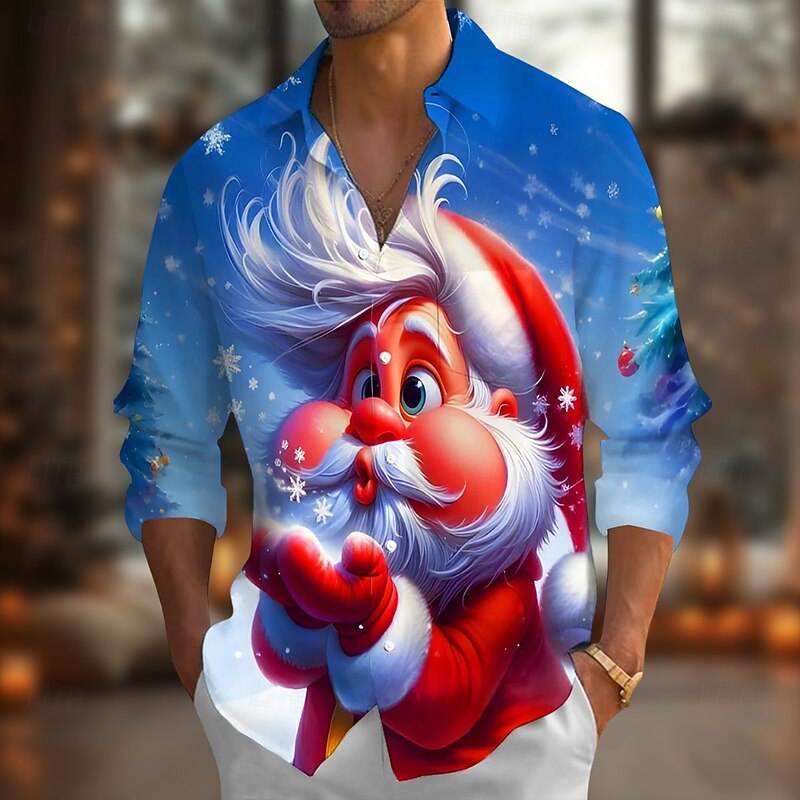 Christmas Men's Santa Claus Snowflake funny christmas Shirt Button Up Shirt Long Sleeve Funny Holiday Spring Fall Turndown 3D Print Collared Shirts Front One Pocket Red Blue Gold