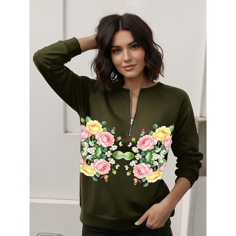Women's Pullover Sweatshirt Zip Up Sweatshirts Floral Fashion Casual Long Sleeve Crew Neck Regular Tops Street Dailywear Casual Zipper Print Navy Blue Blue Army Green Spring Fall Winter3