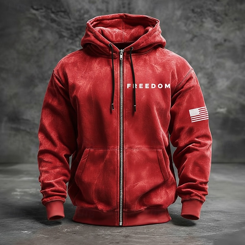 Men's American US Flag Freedom Hoodie Jacket Sweatshirt Fashion Daily Hooded Outdoor Vacation Black Red Drawstring Zipper Fall Winter Designer3