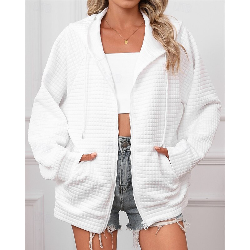 Women's Textured Jackets Zip Up Hoodies Hoodies Plain Streetwear Modern Casual Long Sleeve Hooded Regular Tops Street Dailywear Drawstring Front Pocket White Pink Khaki Army Green Gray Summer Fall