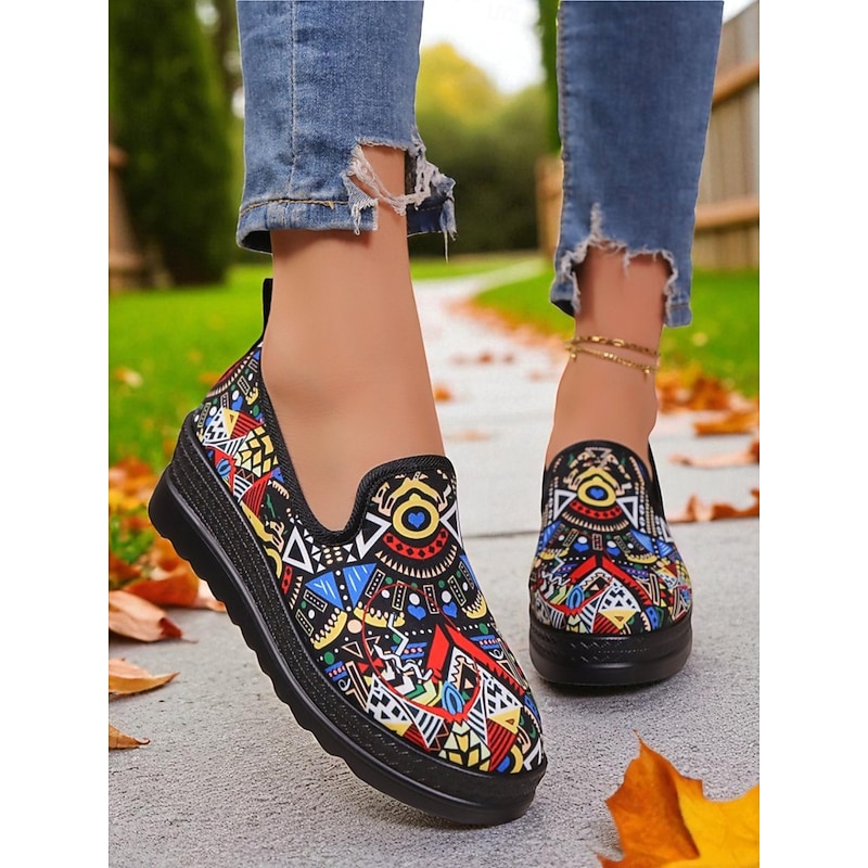 Women's Colorful Geometric Print Slip-On Shoes, Breathable Lightweight Casual Shoes for Artistic Street Style, Daily Wear & Travel