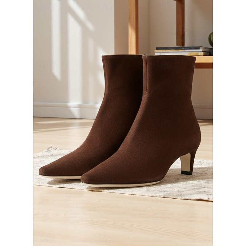 Women's Brown Suede Ankle Boots with Pointed Toe and Low Kitten Heel Elegant Fall Winter Footwear for Casual and Formal Outfits