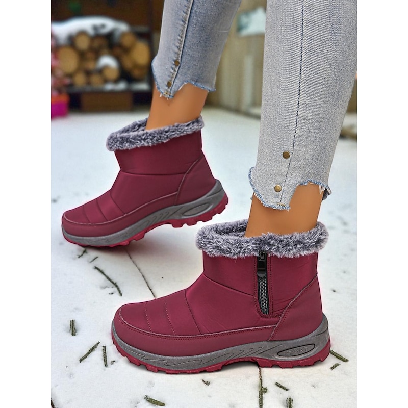 Women's Burgundy Waterproof Snow Boots with Faux Fur Lining and Side Zipper, Warm Winter Ankle Boots for Outdoor Walking & Hiking4