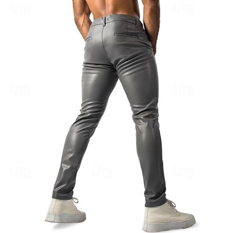 Men's Trousers Faux Leather Pants Casual Pants Pocket Plain Wearable Moisture Wicking Full Length Party Casual Daily Fashion Streetwear Black Grey Micro-elastic3