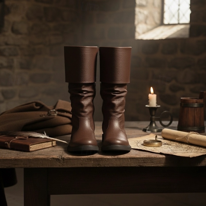 Men's Brown Faux Leather Medieval Pirate Style Slouch Boots – Fold-Over Knee-High Costume Boots for Cosplay, Renaissance Fairs & Themed Events3