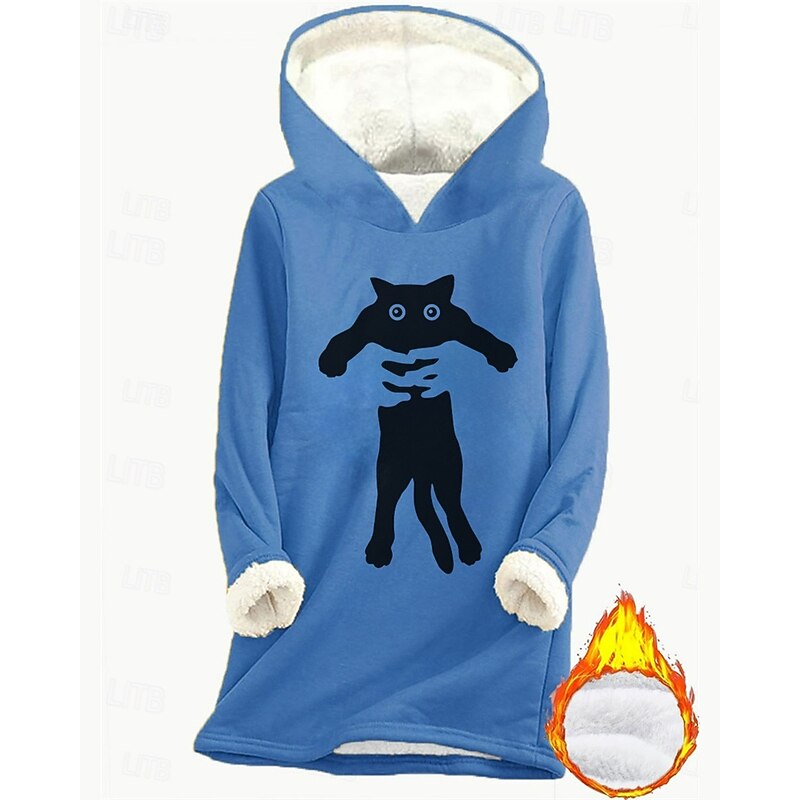 Women's Pullover Hoodie Sweatshirt Graphic Cat Warm Casual Sherpa Fleece Long Sleeve Hooded Regular Tops Street Dailywear Casual Print Fleece Lined Dark Pink Blue Gray Fall Winter3