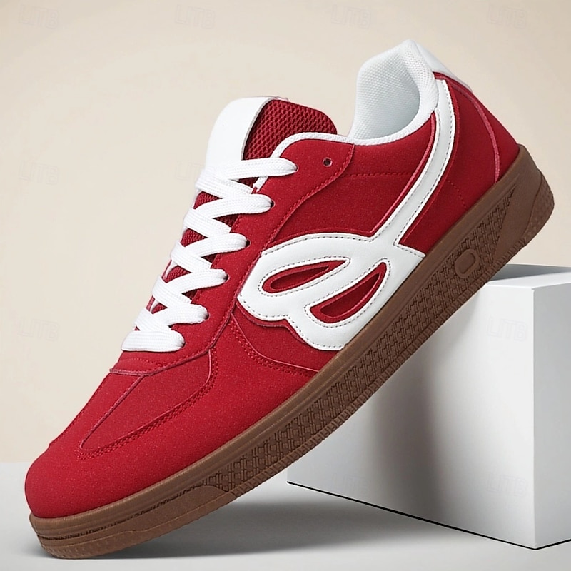 Men's Red Retro Lace-Up Sneakers with White Side Stripes, Comfortable Casual Running Shoes for Streetwear, Travel and Everyday Fashion