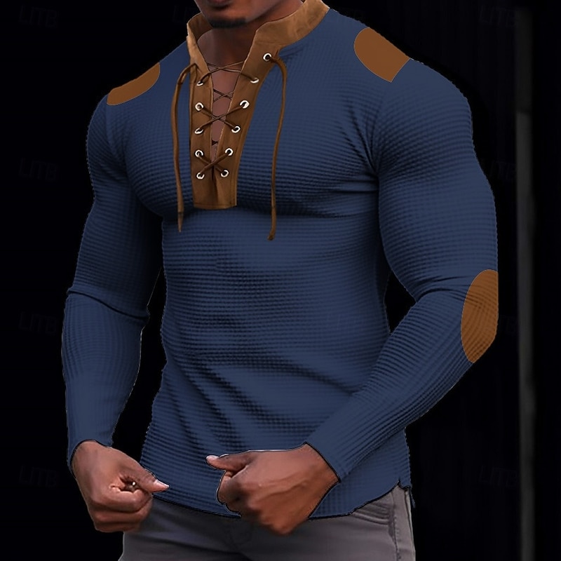 Men's T Shirt Corduroy Shirt Ribbed Knit tee Tee Top Long Sleeve V Neck Lace Up Neck Spring Fall Winter Plain Pit Strip Fashion Designer Basic Color Block Vacation Street Casual Yellow Blue Purple