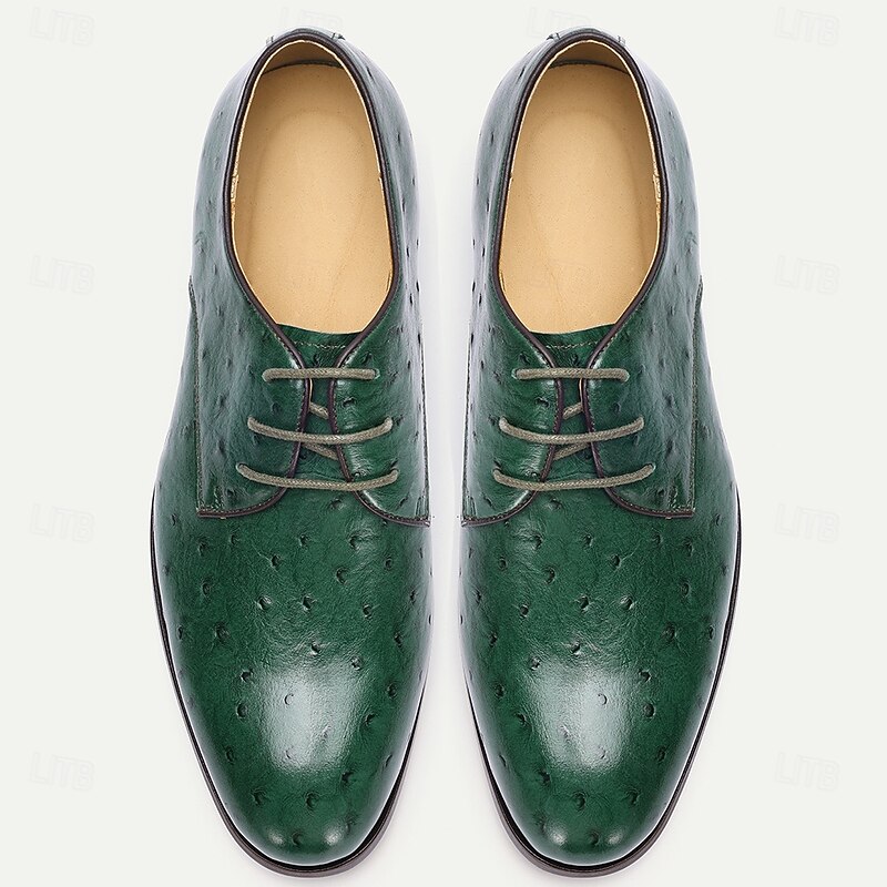 Men's Green Genuine Leather Ostrich Pattern Oxford Shoes with Lace-Up Closure, Elegant Handmade Dress Shoes for Formal Events and Business Occasions4