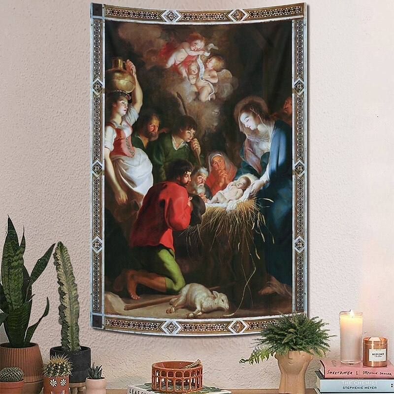 Christmas Hanging Tapestry Nativity Scene Oil Painting Style Jesus Birth Large Wall Art Mural Decor Blanket Curtain Holiday Home Bedroom Living Room Religious Celebration Decoration3