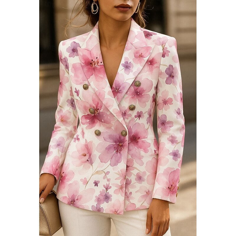 Women's Blazer Windproof Warm Buttons Formal Floral Casual Holiday Going out Casual Daily Regular Notch Lapel Regular Fit Long Sleeve Outerwear Pink Blue Beige Spring Fall2