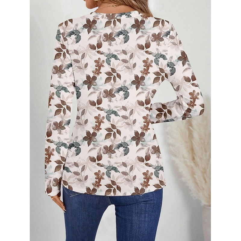 Women's T Shirt Floral Graphic Plants Vintage Stylish Classic Long Sleeve V Neck Regular Tops Daily Print off-white Spring Fall2
