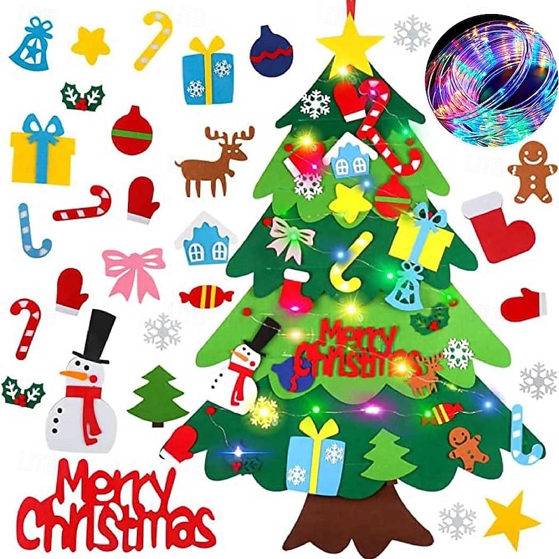 Felt Christmas Tree Set with Led String Light, 3.2ft Wall Hanging DIY Xmas Decorations Tree with Detachable Ornaments Snowman Christmas Decorations New Year Gift for Kids Boys and Girls Home