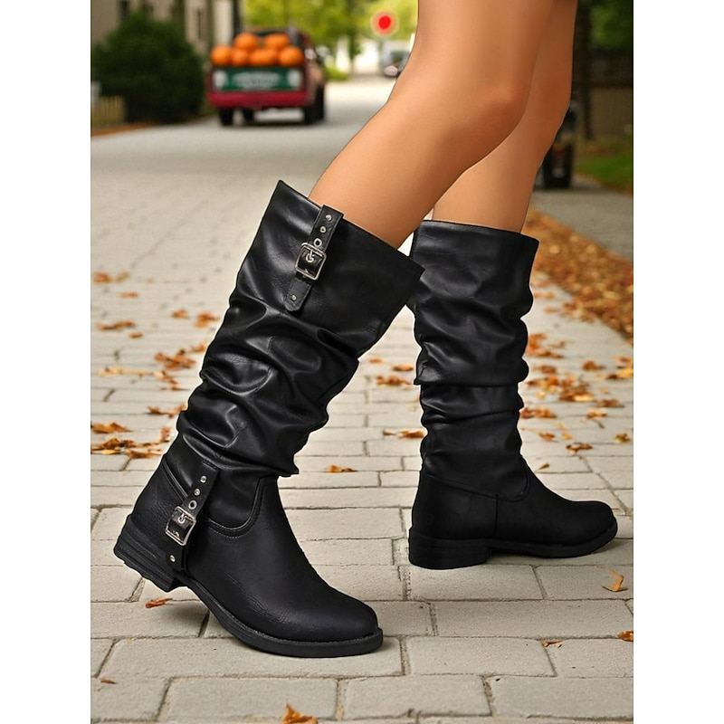 Women's Black Ruched Mid-Calf Boots – Stylish Buckled Slouchy Boots for Date Nights and Casual Street Fashion3