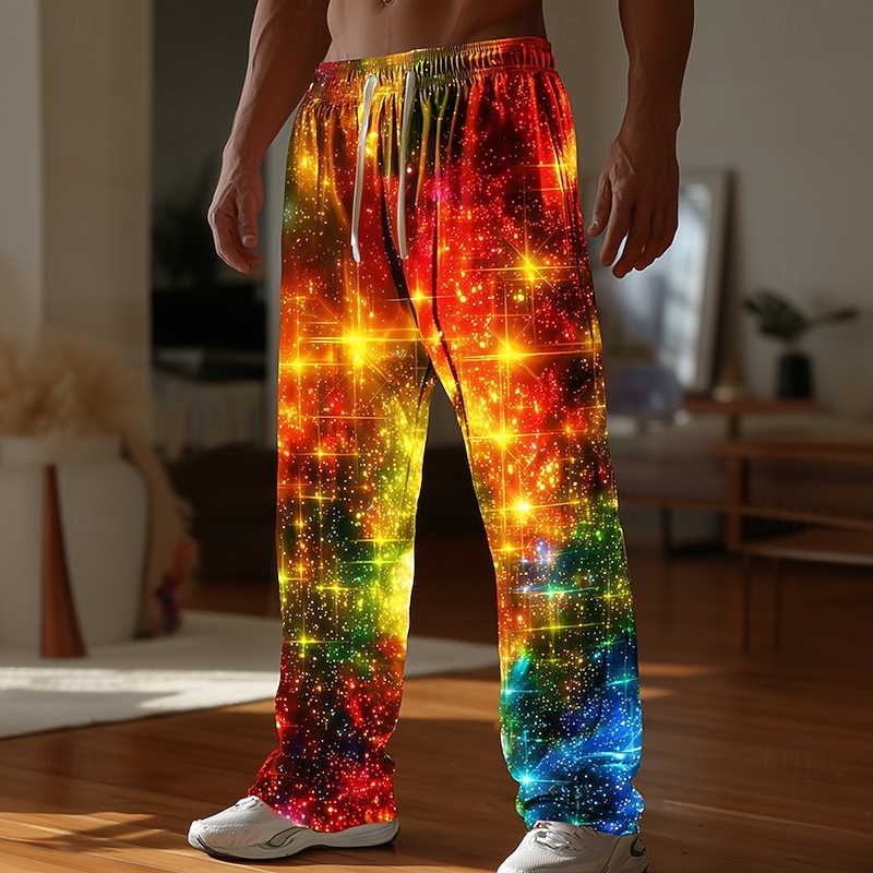 Christmas Men's Sparkling Glitter Christmas Light Pants Trousers Casual Pants Mid Waist Drawstring Elastic Waist Casual Outdoor Holiday Side Pockets Straight Leg Trousers Spring Fall 3D Print Orange