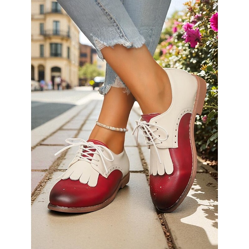 Women's Two-Tone Oxford Shoes with Fringe Detail, 1950s Vintage Lace-Up Brogues for Casual Wear, Daily Outfits and Retro Parties