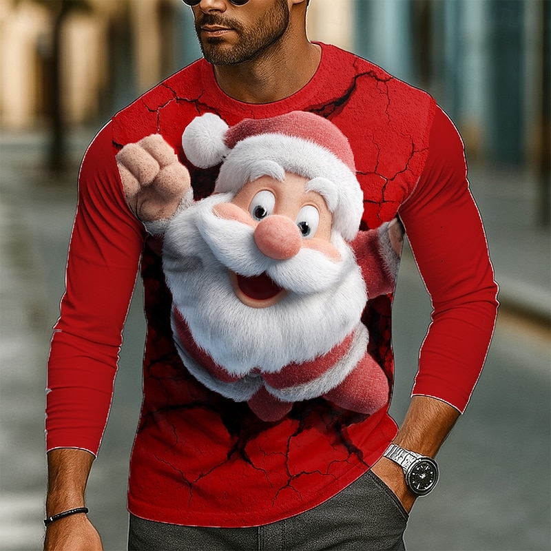 Christmas Men's Santa Claus Funny T Shirt Long Sleeve T shirt 3D Print Crew Neck Shirt Fashion Basic 3D Street Casual Daily White Red Summer Spring Clothing Apparel S M L XL XXL XXXL2