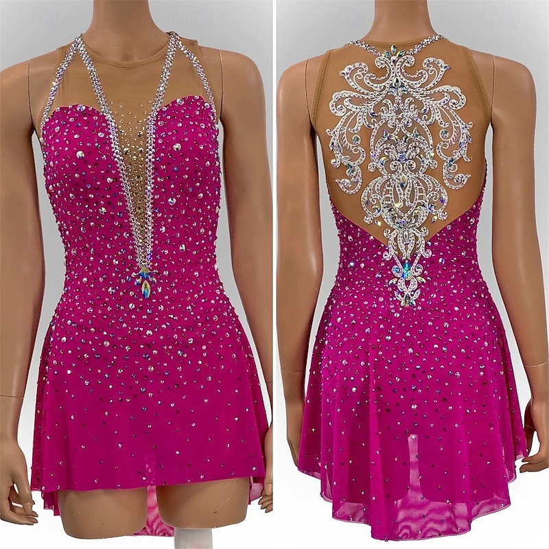 Figure Skating Dress Women's Girls' Ice Skating Dress Rose Red Patchwork Asymmetric Hem Mesh Spandex High Elasticity Training Competition Skating Wear Classic Crystal / Rhinestone Sleeveless Ice